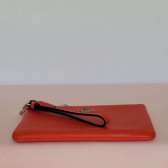 COACH Small Wristlet in Polished Pebbled Leather -Red Orange - Picture 8 of 16